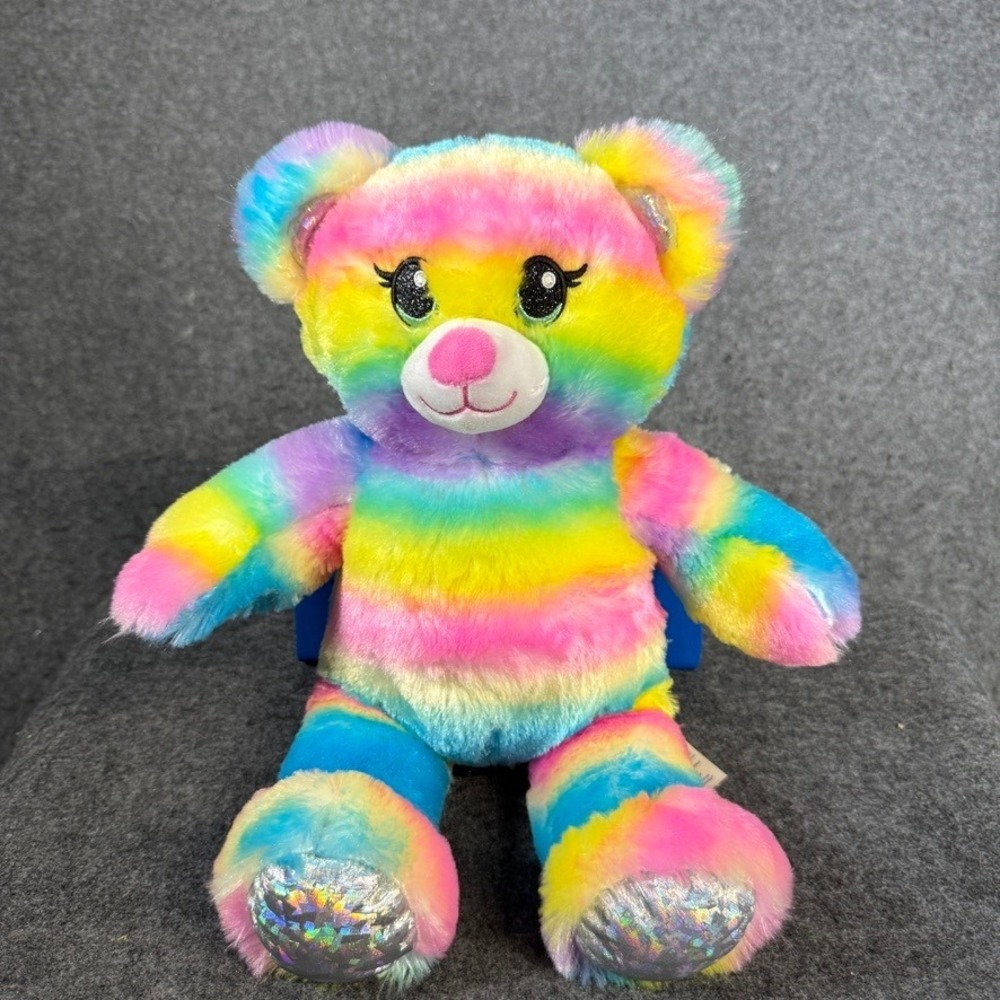 Build-A-Bear Workshop Rainbow Stripe Plush Teddy Bear Holographic Paws 1065